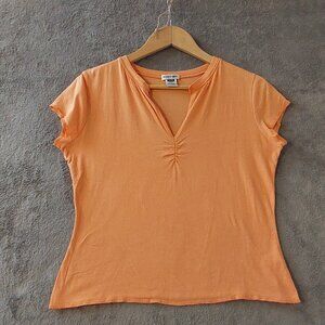 Energie Sheer Orange V-Neck Ruched Tee Size L Cotton Stretch Top